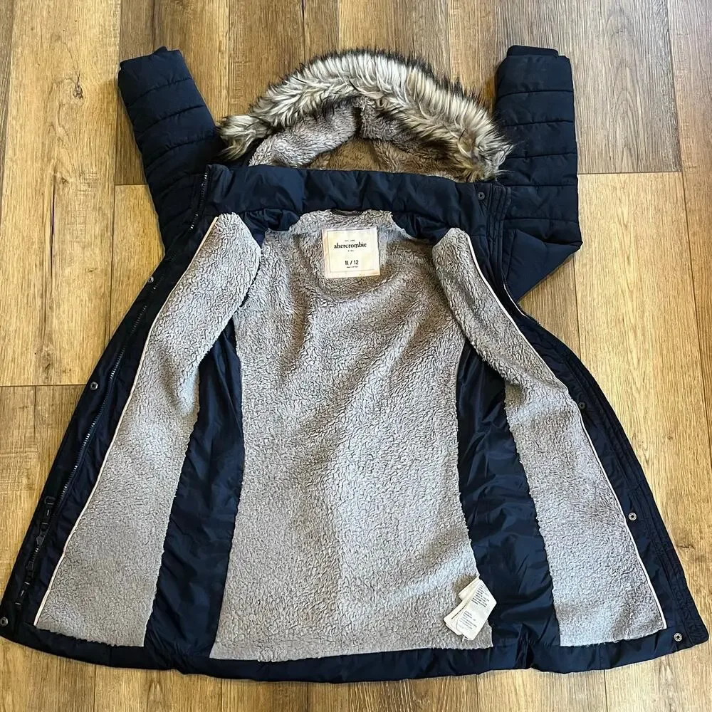 VTG Y2K Abercrombie Kids Puffer Jacket 11/12 Collar Faux Fur Hood Lined Blue EUC